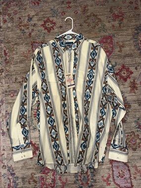 Wrangler Southwestern Stripe Button-Up Shirt - Ivory, Blue & Brown